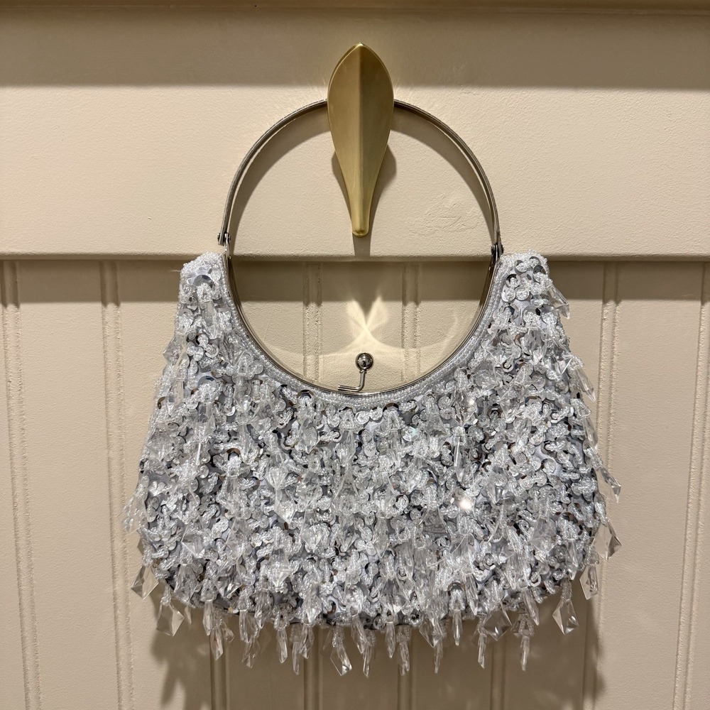 Vintage Clear Bead Silver Sequined Handbag with Silver Handle Satin Lining